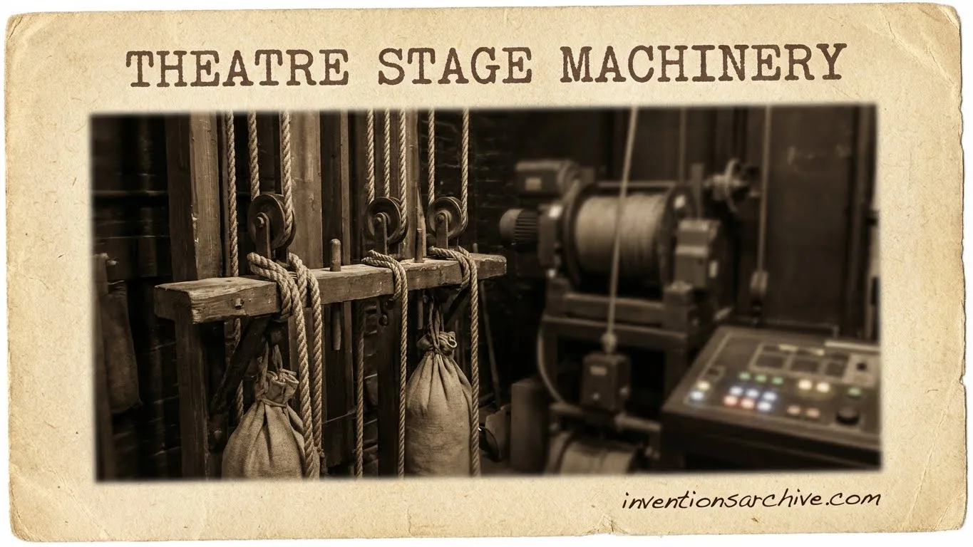 Theatre stage machinery with pulleys, ropes, and a control panel for stage movement.