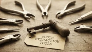 Dentist's hand holding extraction tools and a label reading 'tooth extraction tools' on a table.