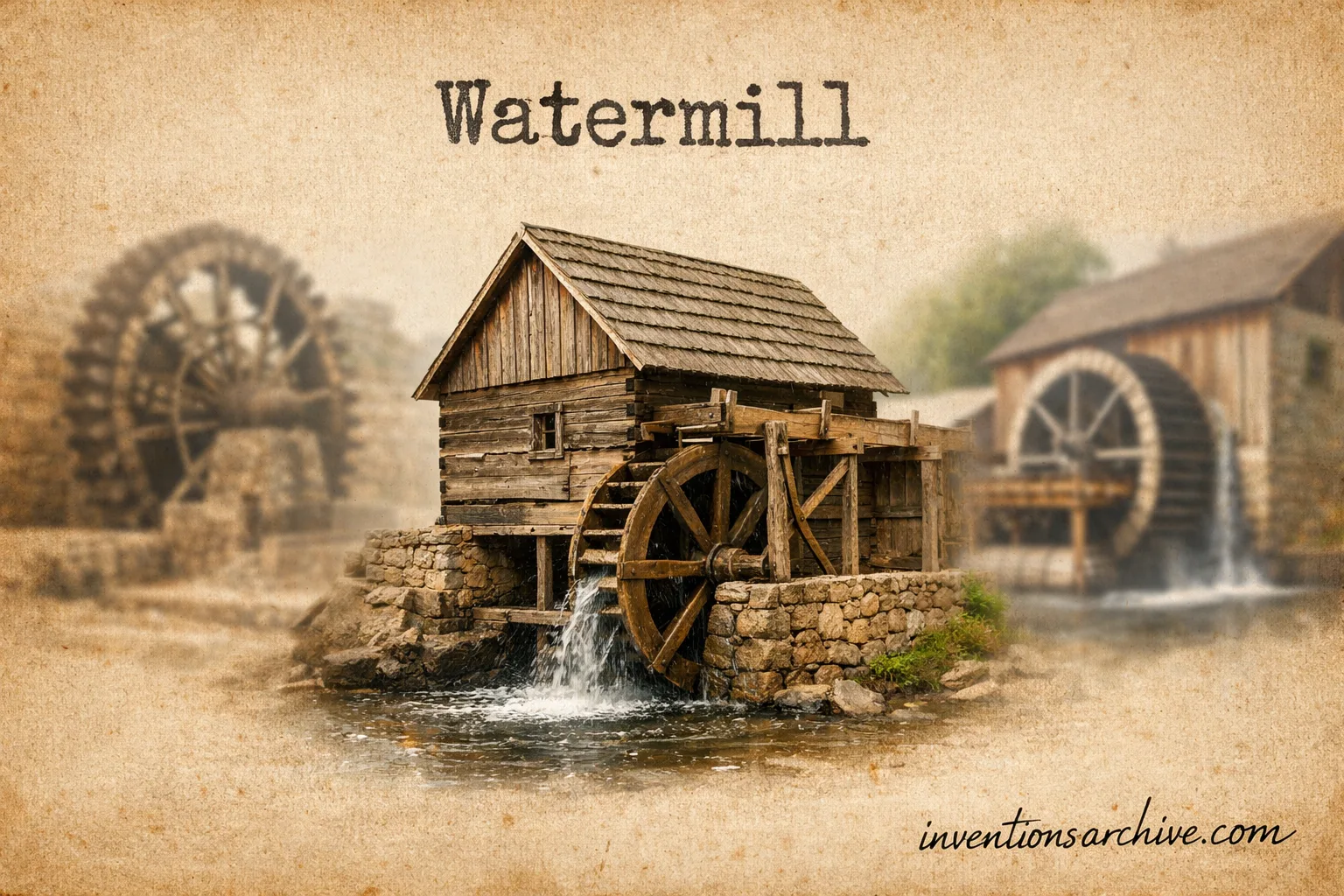 A wooden watermill with a water wheel turning in a flowing river.