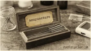 A wooden box with acupuncture needles for traditional acupuncture therapy.