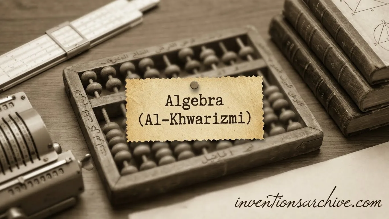 Algebra book titled 'Algebra (Al-Khwarizmi)' on a wooden desk with writing tools.
