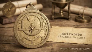 An Islamic design astrolabe with intricate engravings and a round, brass-like structure.