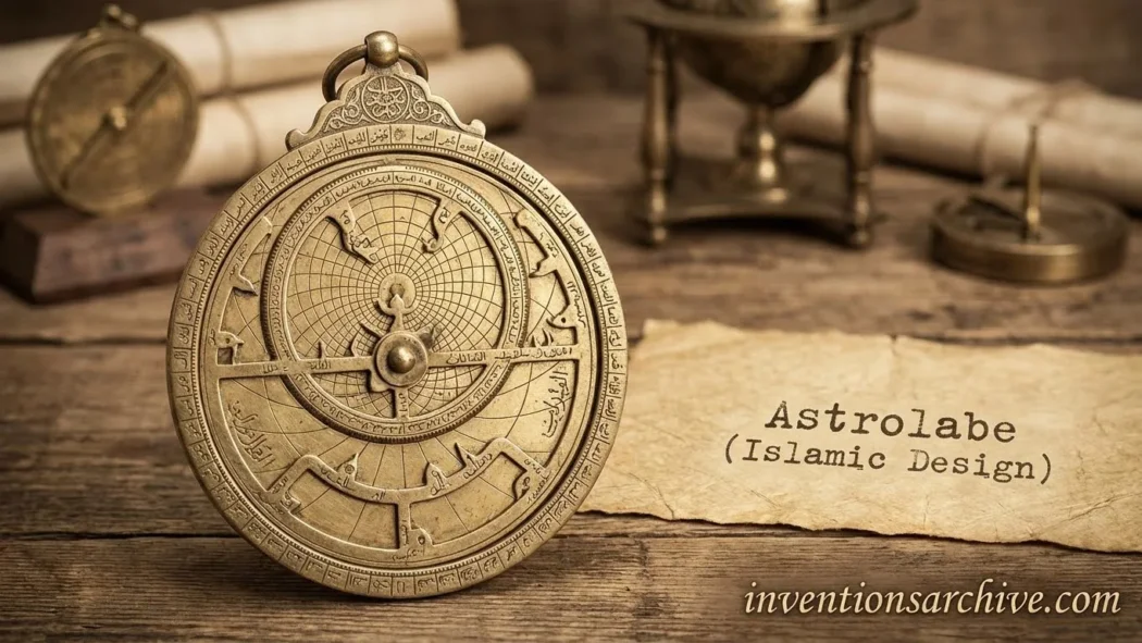 An Islamic design astrolabe with intricate engravings and a round, brass-like structure.