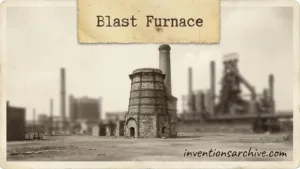 A blast furnace with a tall, cylindrical structure and smoke coming out of the top.