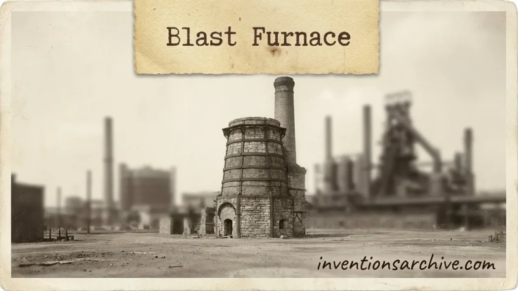 A blast furnace with a tall, cylindrical structure and smoke coming out of the top.