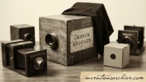 A camera obscura setup with a wooden box, a small lens, and an image projected inside.