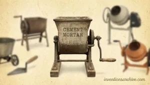 A cement mortar invention, showing a metal machine with a handle and the words 'CEMENT MORTAR' on it…