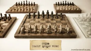 A wooden chessboard with early Indian form chess pieces arranged for play.