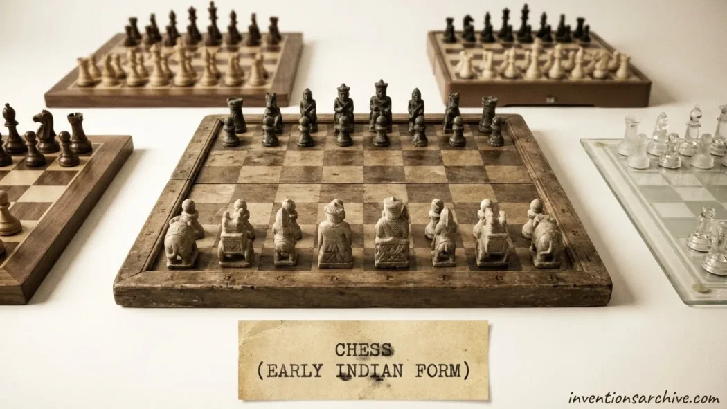 A wooden chessboard with early Indian form chess pieces arranged for play.