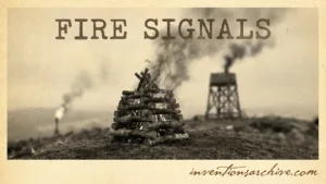 A fire signal using fire signals with smoke rising from a wooden torch and a metal tower.