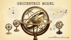 A classical geocentric model with a globe and orbits around Earth.