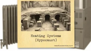 Ancient hypocaust heating system with floor-supported hot air channels and brick pillars.