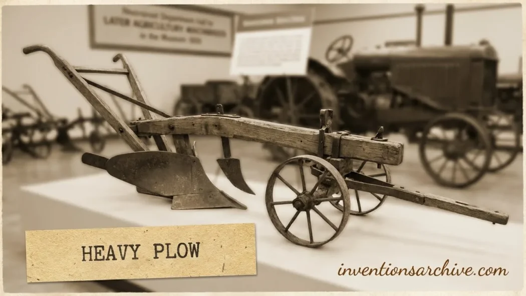 A miniature heavy plow with large wooden wheels and metal blades showcased as an invention.