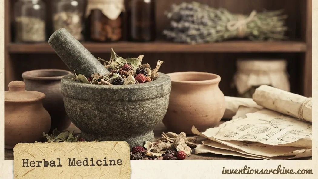 Herbal medicine: a mortar with dried herbs and plants on a wooden surface.