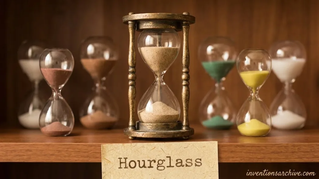 A classic hourglass with sand flowing through glass bulbs, illustrating the invention.