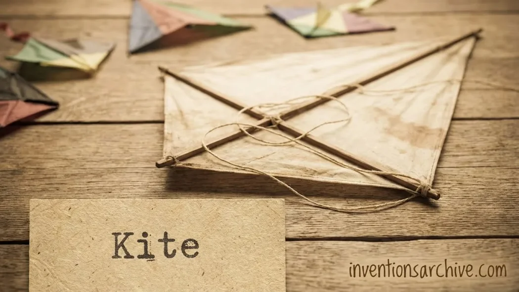 A wooden frame kite with string and fabric, showcasing the invention of the kite.