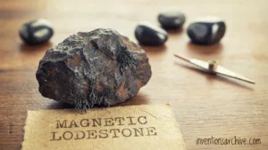 Magnetic lodestone attracts small metal objects in this illustration of the invention.