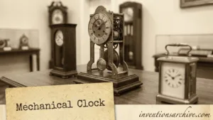 A detailed mechanical clock with visible gears and ornate wooden case.