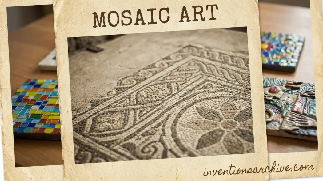 A mosaic art piece showing intricate geometric patterns made from small, colorful tiles.