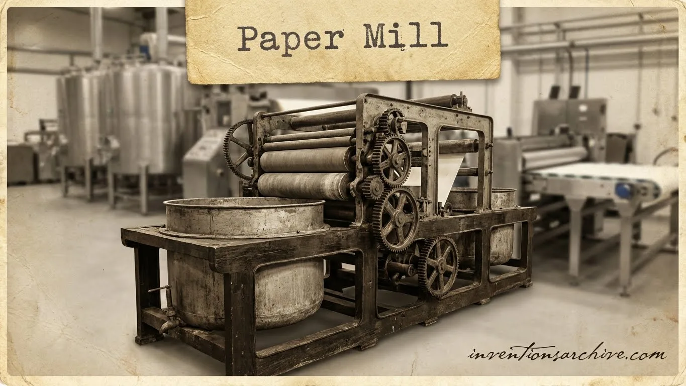A paper mill machine in Europe with rollers, conveyors, and mechanical parts shaping paper.