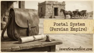 Persian Empire's postal system features messengers on horseback with scrolls and relay stations.