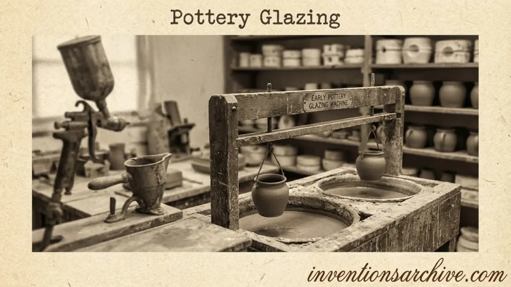 Pottery glazing icat showing a wooden workbench, clay pots, and glazing tools.