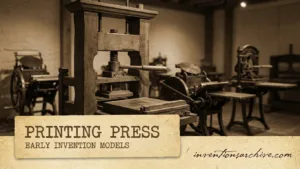 A vintage printing press with levers and paper, illustrating the invention of the printing press.