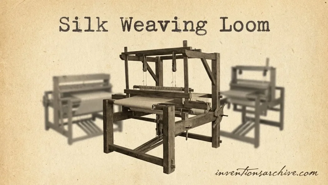 A silk weaving loom with wooden parts and woven fabric on it.