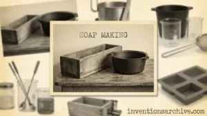 A wooden box, a black bowl, and soap making tools on a rustic surface.
