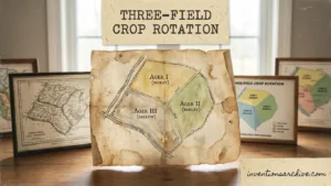 A hand holding an old paper map showing the three-field crop rotation system with labeled sections.