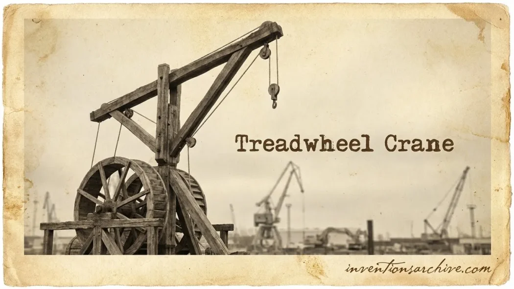 A historic treadwheel crane with a large wooden wheel and crane arm for lifting heavy loads.