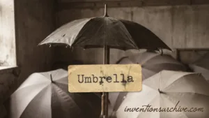 A black umbrella open in the rain, showing its waterproof canopy with a wooden handle.