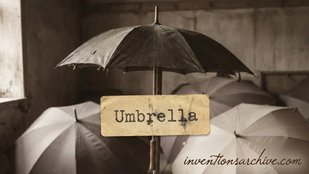 A black umbrella open in the rain, showing its waterproof canopy with a wooden handle.