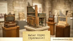 Water Organ (Hydraulis) with wooden pipes and a keyboard, showcasing the invention of the water orga…