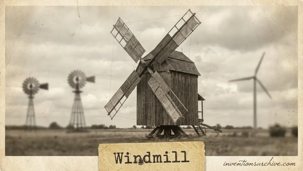 A windmill with large blades turning next to a small wooden building.
