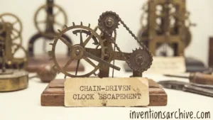 A chain-driven clock escapement with gears, chains, and a wooden frame.