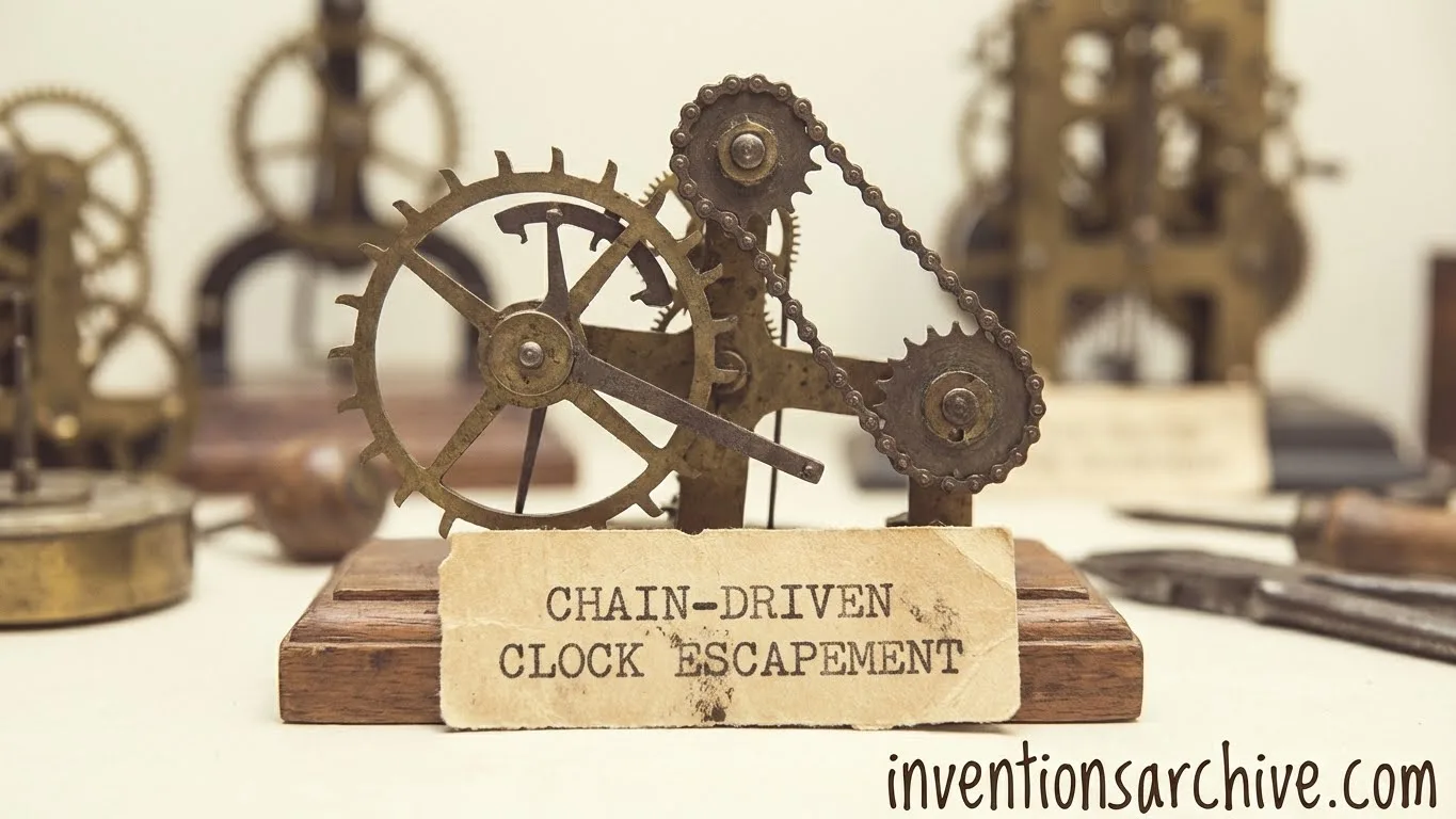 A chain-driven clock escapement with gears, chains, and a wooden frame.