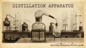 A distillation apparatus with glassware, including a condenser tube and collecting flask.