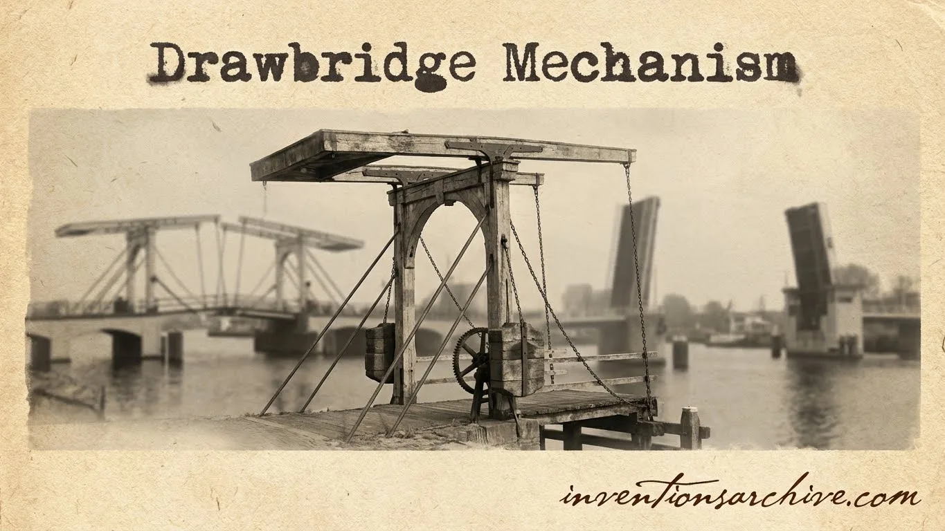 A drawbridge mechanism with a wooden structure, gears, and a pulley system over water.