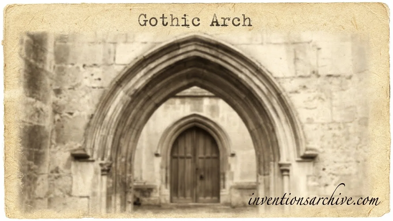 Gothic arch with pointed shape framing a wooden door and stone carvings.