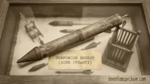 A gunpowder rocket from the Song Dynasty sitting on a display table with a label.