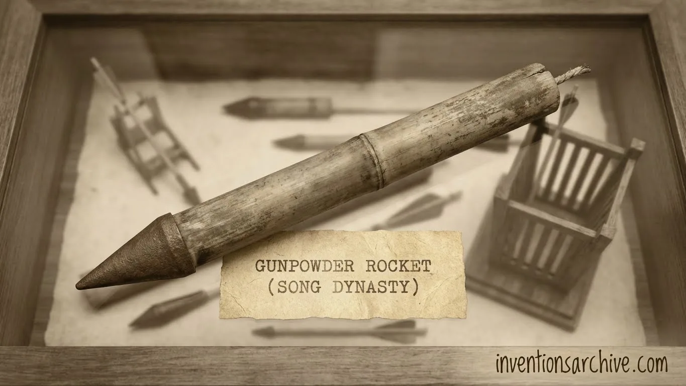 A gunpowder rocket from the Song Dynasty sitting on a display table with a label.
