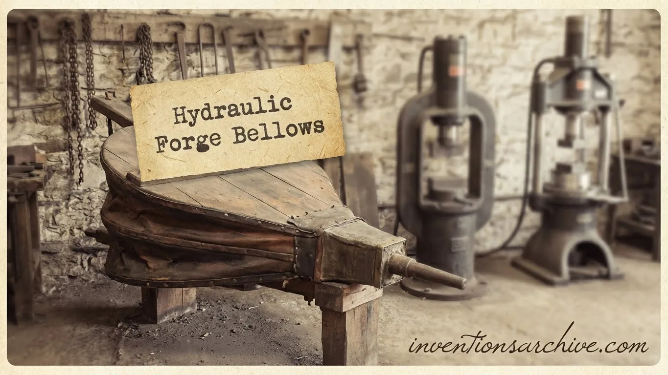 A hydraulic forge bellows with a wooden support and a large vertical hydraulic pump.