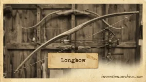 A wooden longbow with a string, displayed on a rustic wooden background, as an ancient invention.
