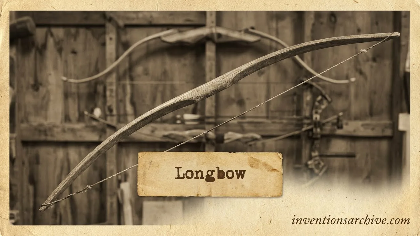 A wooden longbow with a string, displayed on a rustic wooden background, as an ancient invention.