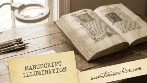 A manuscript illumination with colorful ornate decorations on an open old book.