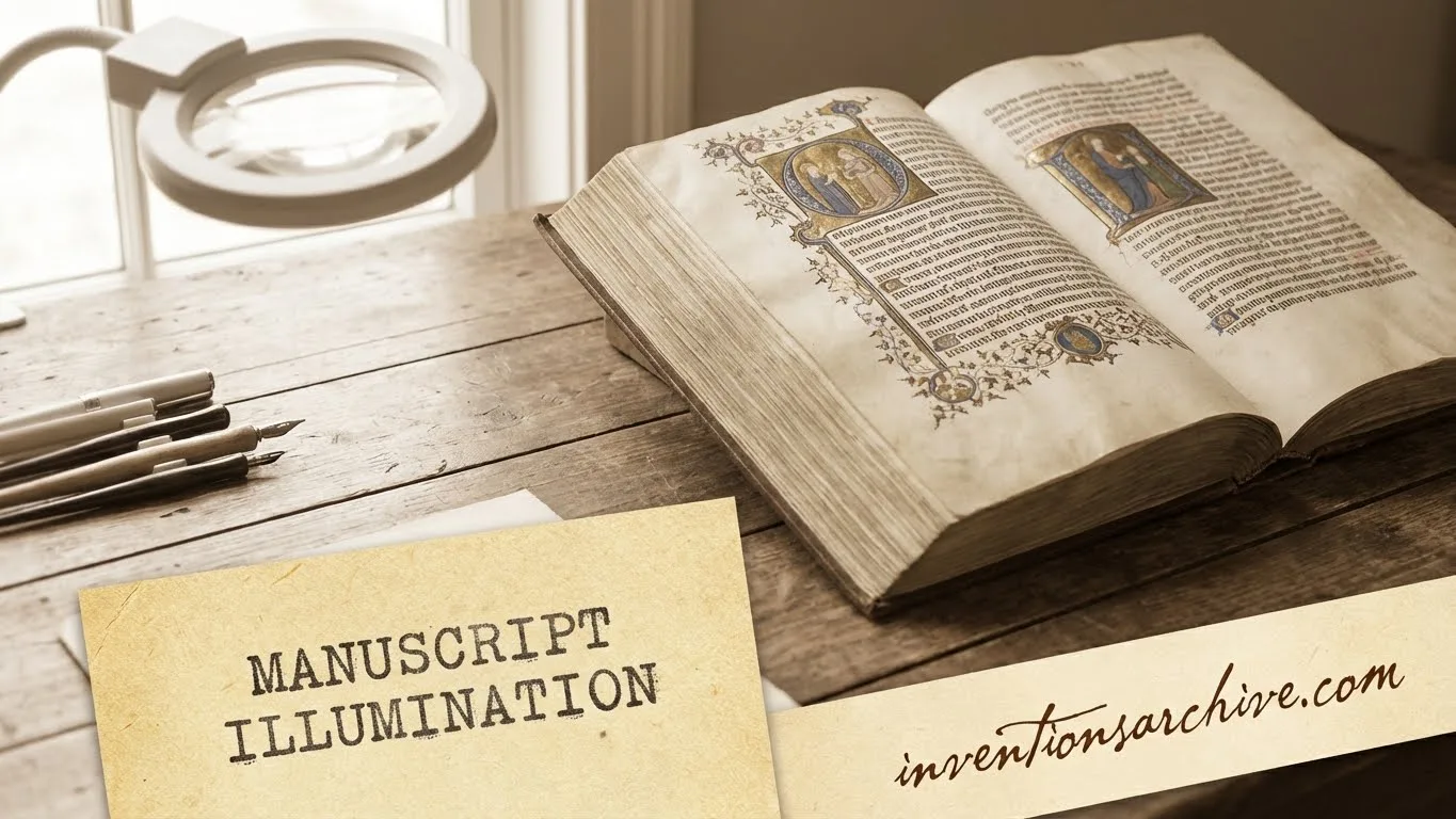 A manuscript illumination with colorful ornate decorations on an open old book.