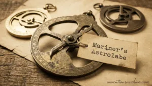 A mariner's astrolabe with metal parts and a label reading 'Mariner's Astrolabe' placed on a surface…
