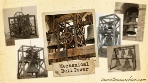 A mechanical bell tower with gears, levers, and wooden components in action.