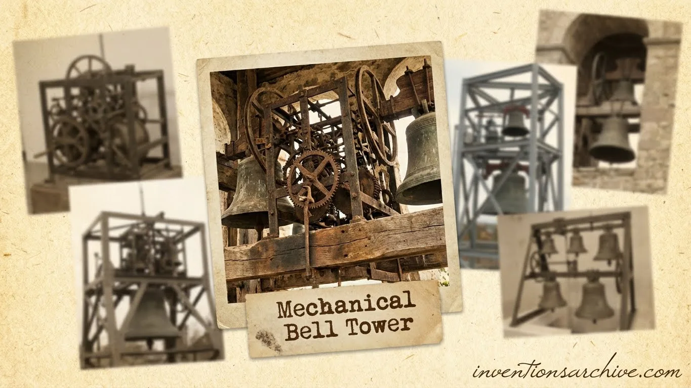 A mechanical bell tower with gears, levers, and wooden components in action.